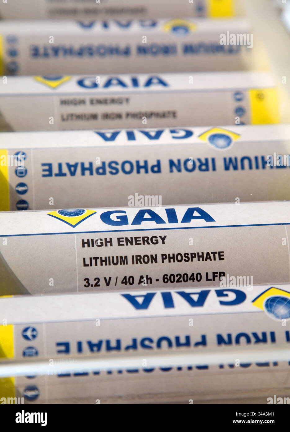 GAIA High Energy Lithium Iron Phosphate Battery Cells Stock Photo
