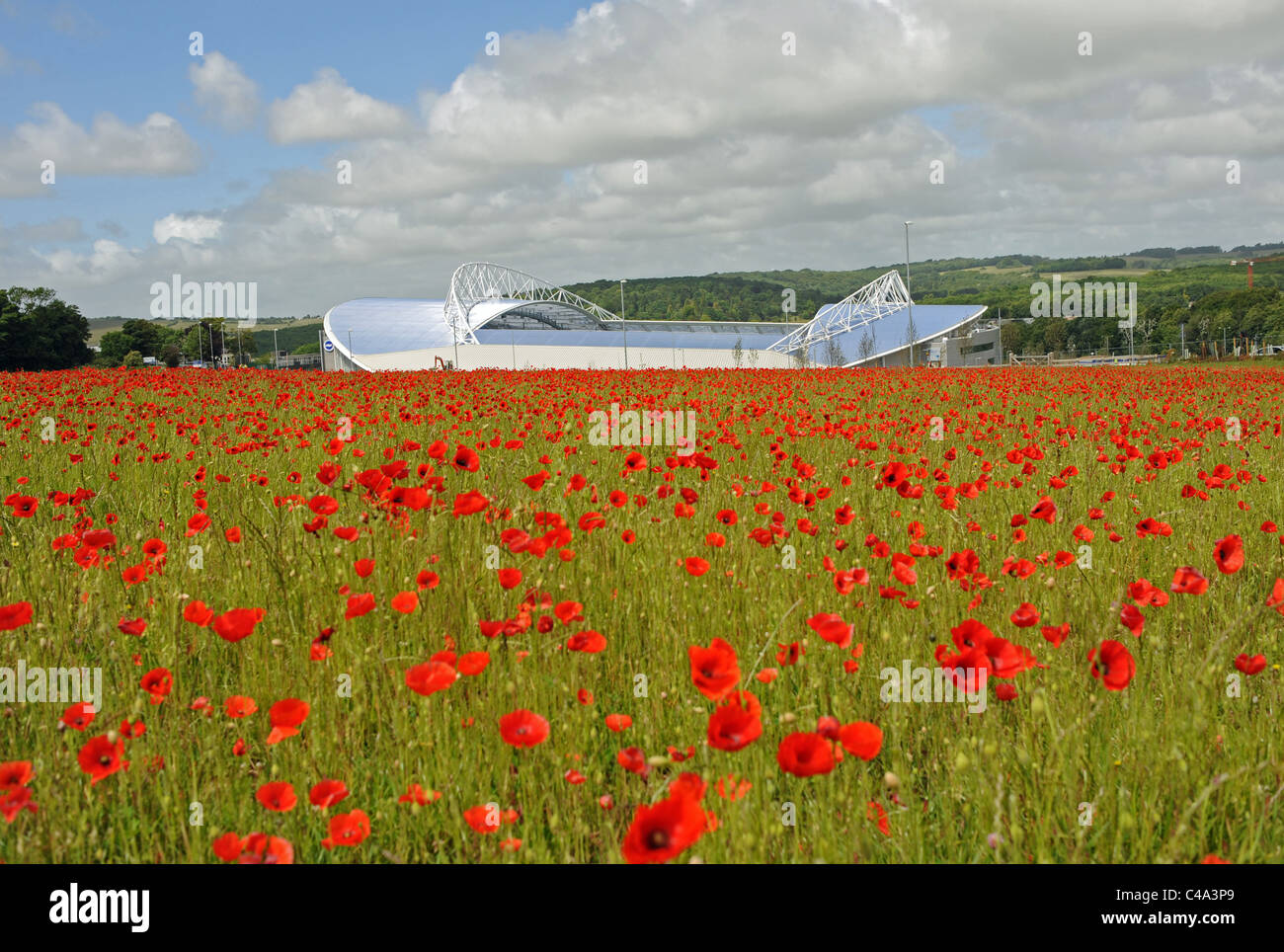 Brighton and Hove Albion's new American Express Community Stadium known as The Amex rises beyond a field of red poppies Stock Photo