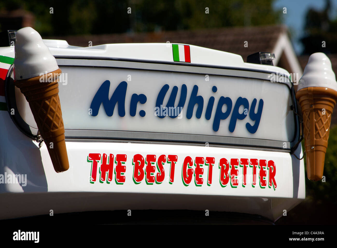 Mr Whippy ice cream van with icecream cones. Slogan says 'The best get better' Stock Photo