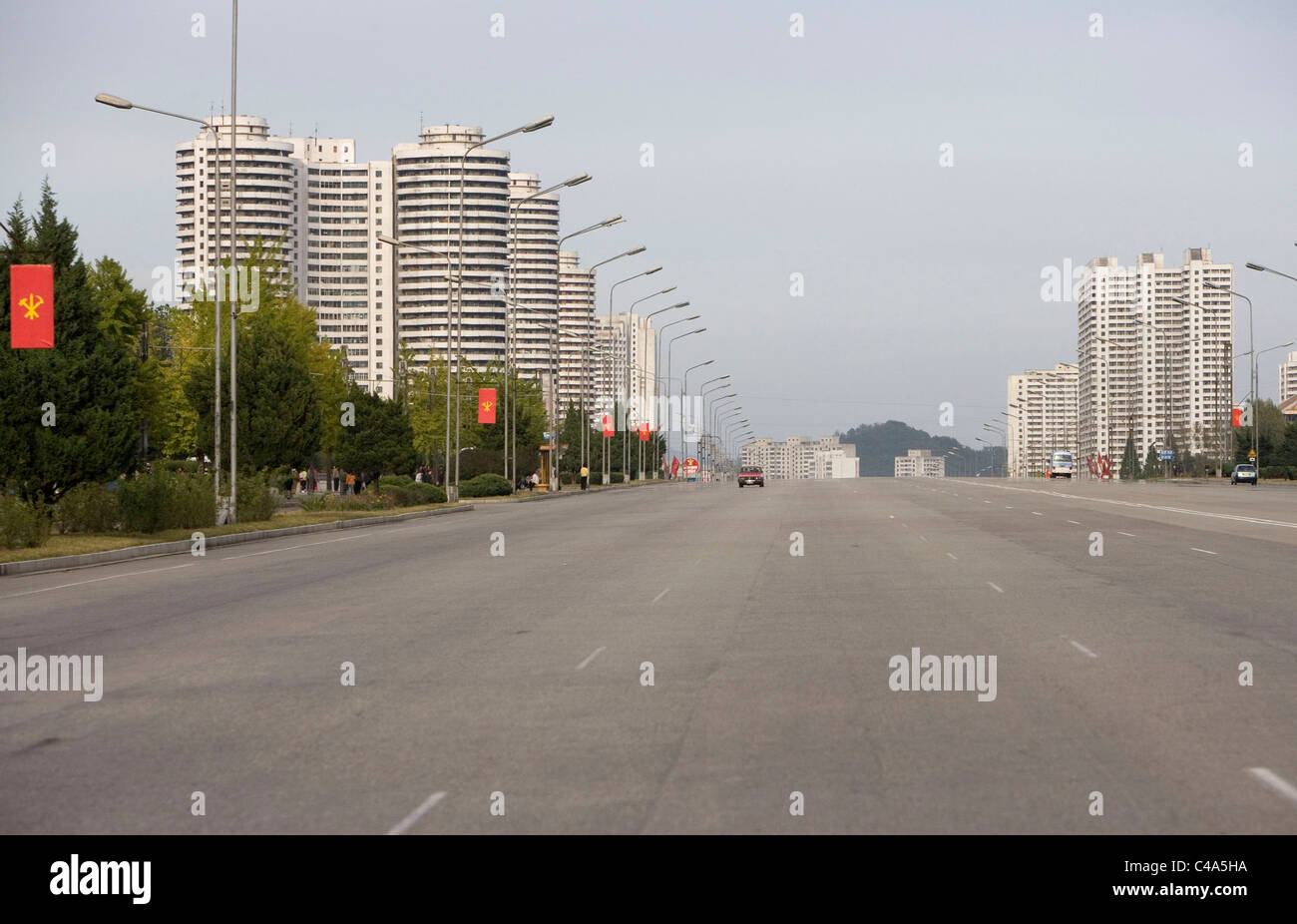 Empty streets in Pyongyang, North Korea (DPRK). Avenue and road with no traffic, North Korean urban landscape Stock Photo