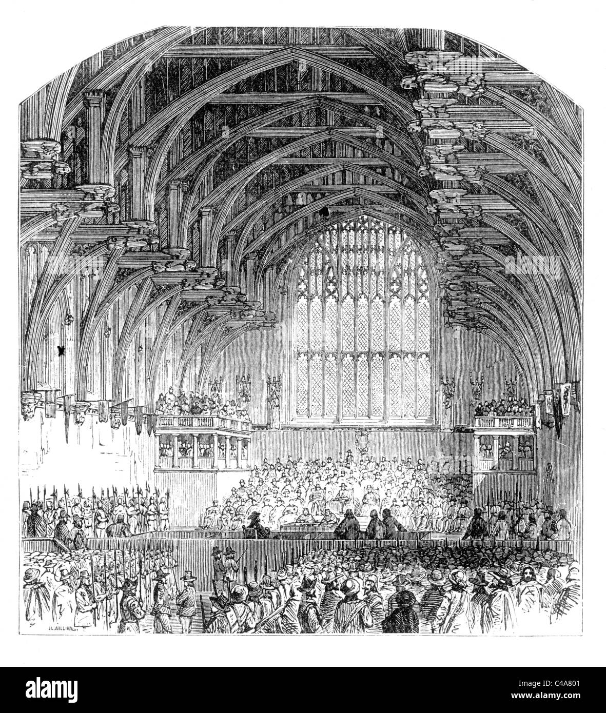 The trial of King Charles I in Westminster Hall, london, 1649; Black and White Illustration; Stock Photo