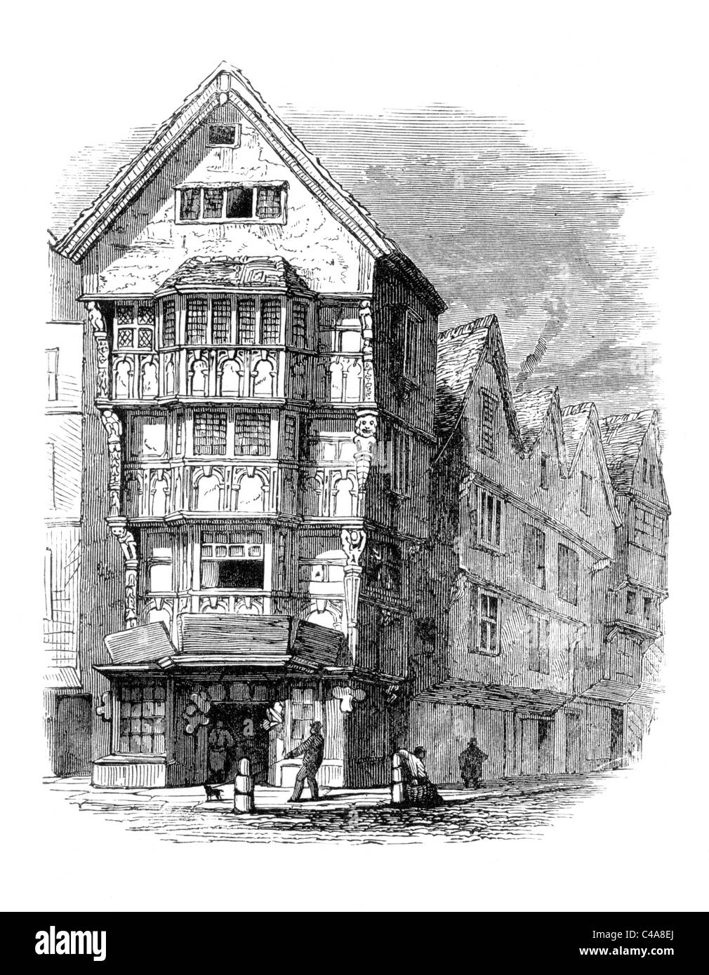 Stucco Fronted Houses, formerly in Fleet Street London as they may have looked in the 17th century; Black and White Illustration Stock Photo
