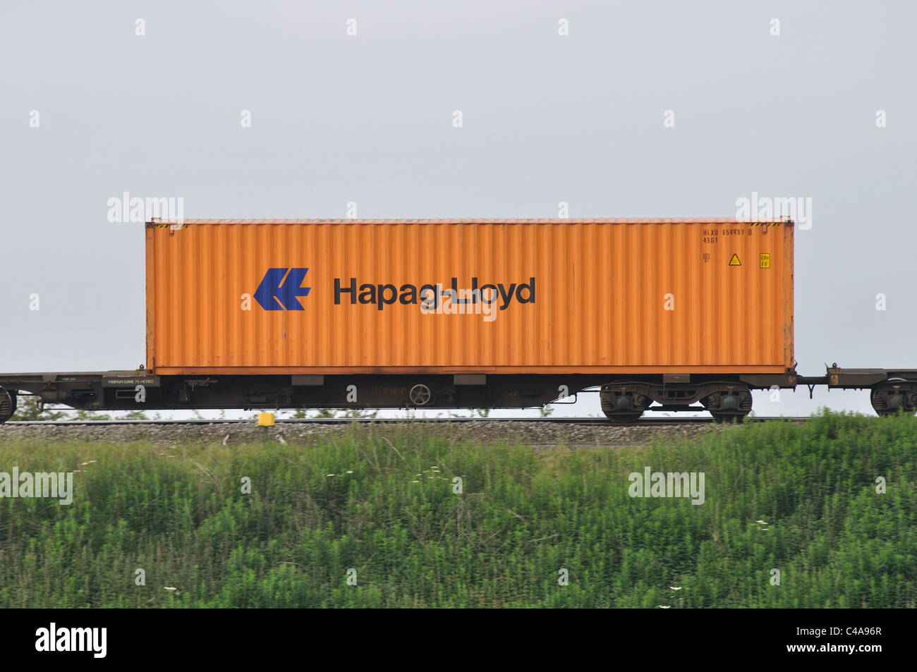 Hapag-Lloyd shipping container on train, UK Stock Photo