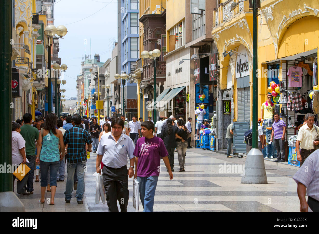 Calle De Mercaderes is a pedestrian street near Plaza Mayor in Lima, Peru. Stock Photo
