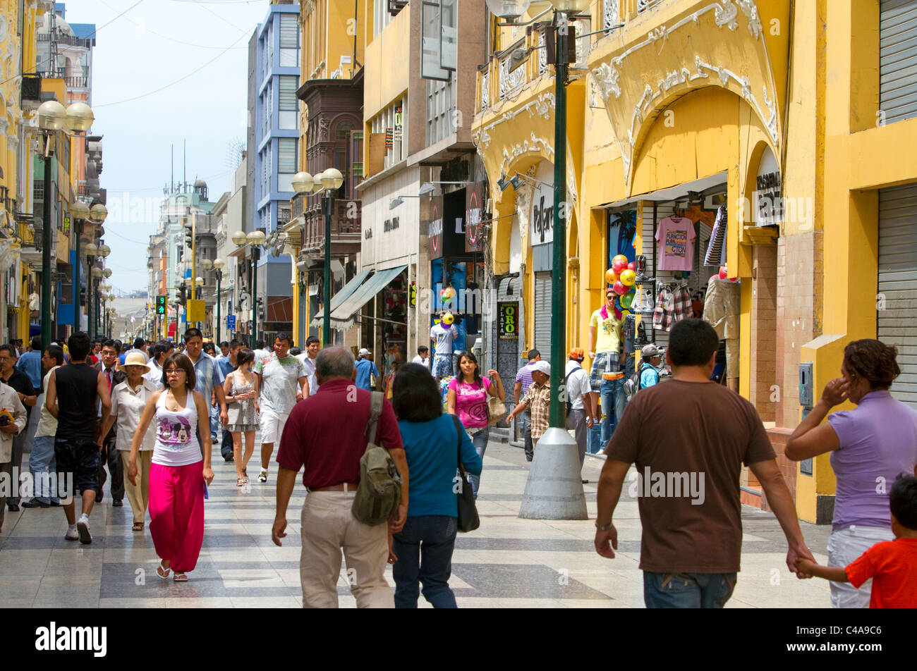 Calle De Mercaderes is a pedestrian street near Plaza Mayor in Lima, Peru. Stock Photo