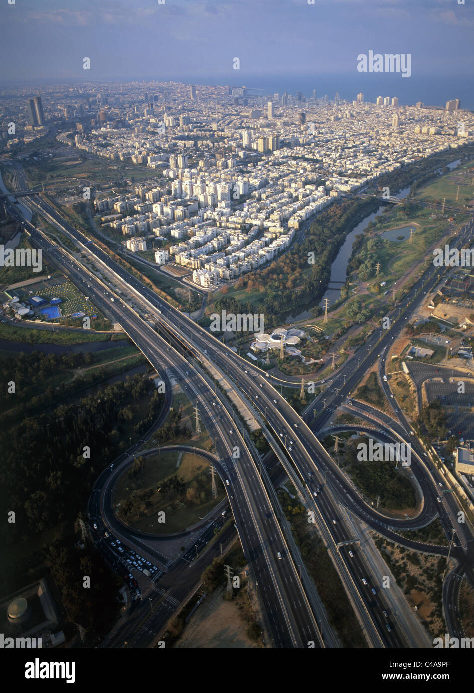 Aerial photograph of the Yarkon stream and the Ayalon Highway Stock Photo