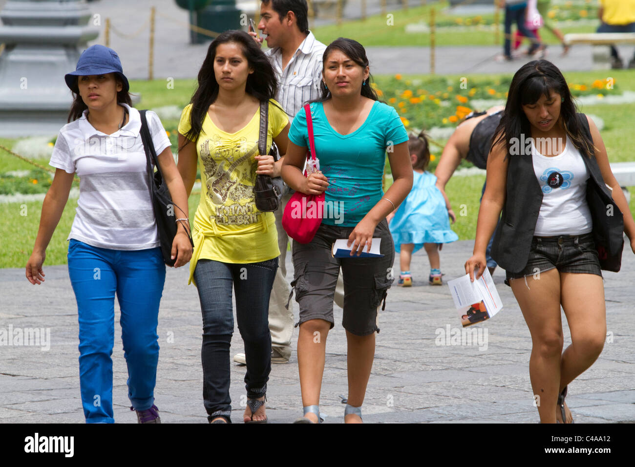 Pedestrians at the Plaza Mayor or Plaza de Armas of Lima, Peru. Stock Photo