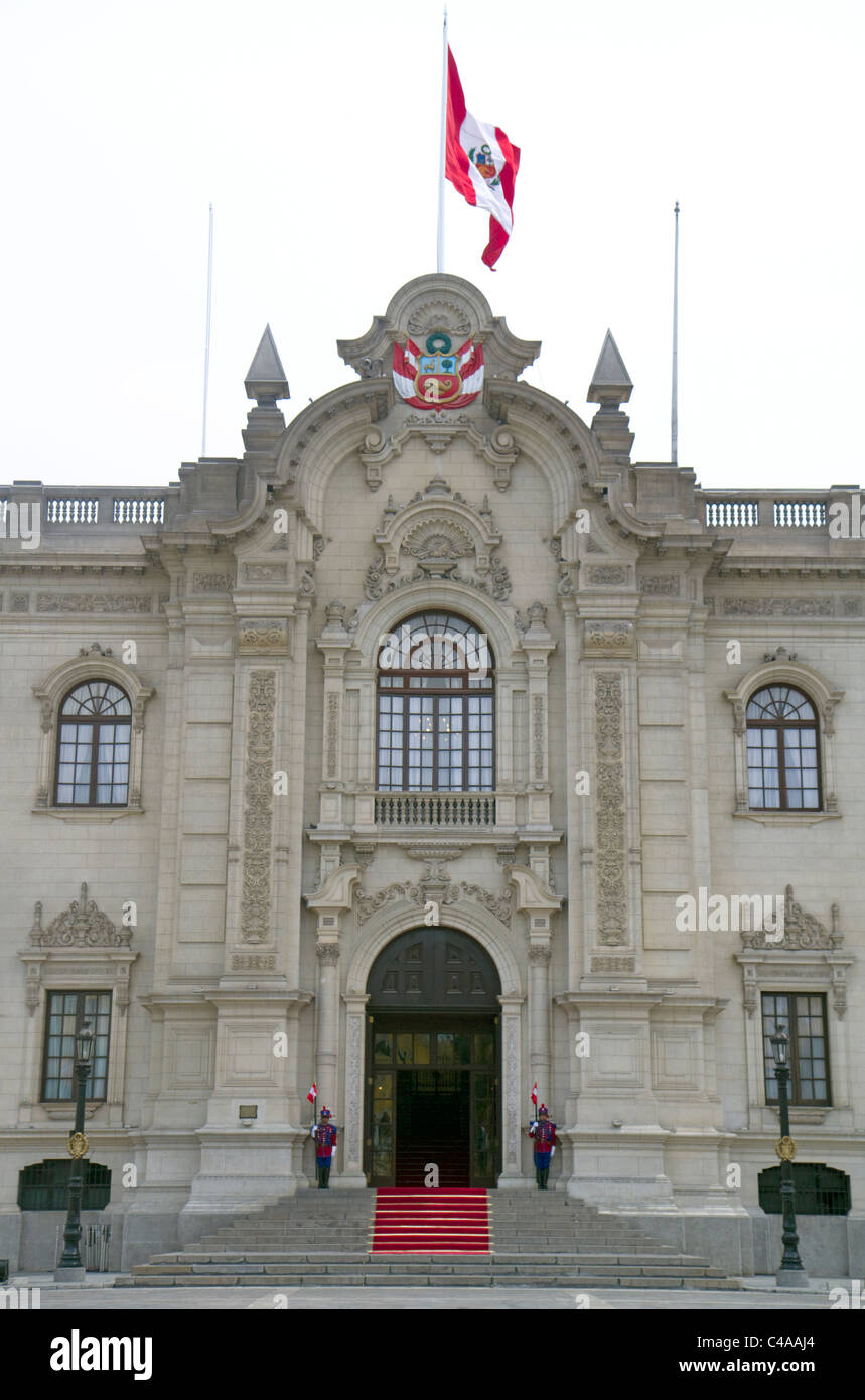 The Government Palace of Peru also known as the House of Pizarro, located on the north side of Plaza Mayor in Lima, Peru. Stock Photo