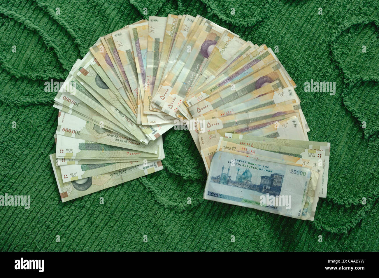 A fan of Iranian Rial bank notes Stock Photo