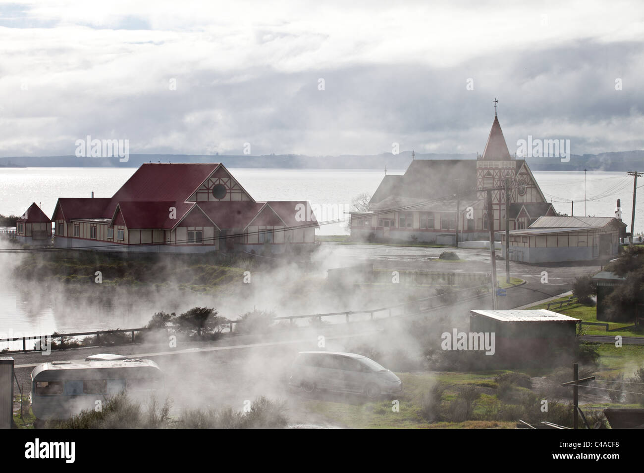 Steaming thermal springs in the town of Rotorua, New Zealand Stock Photo