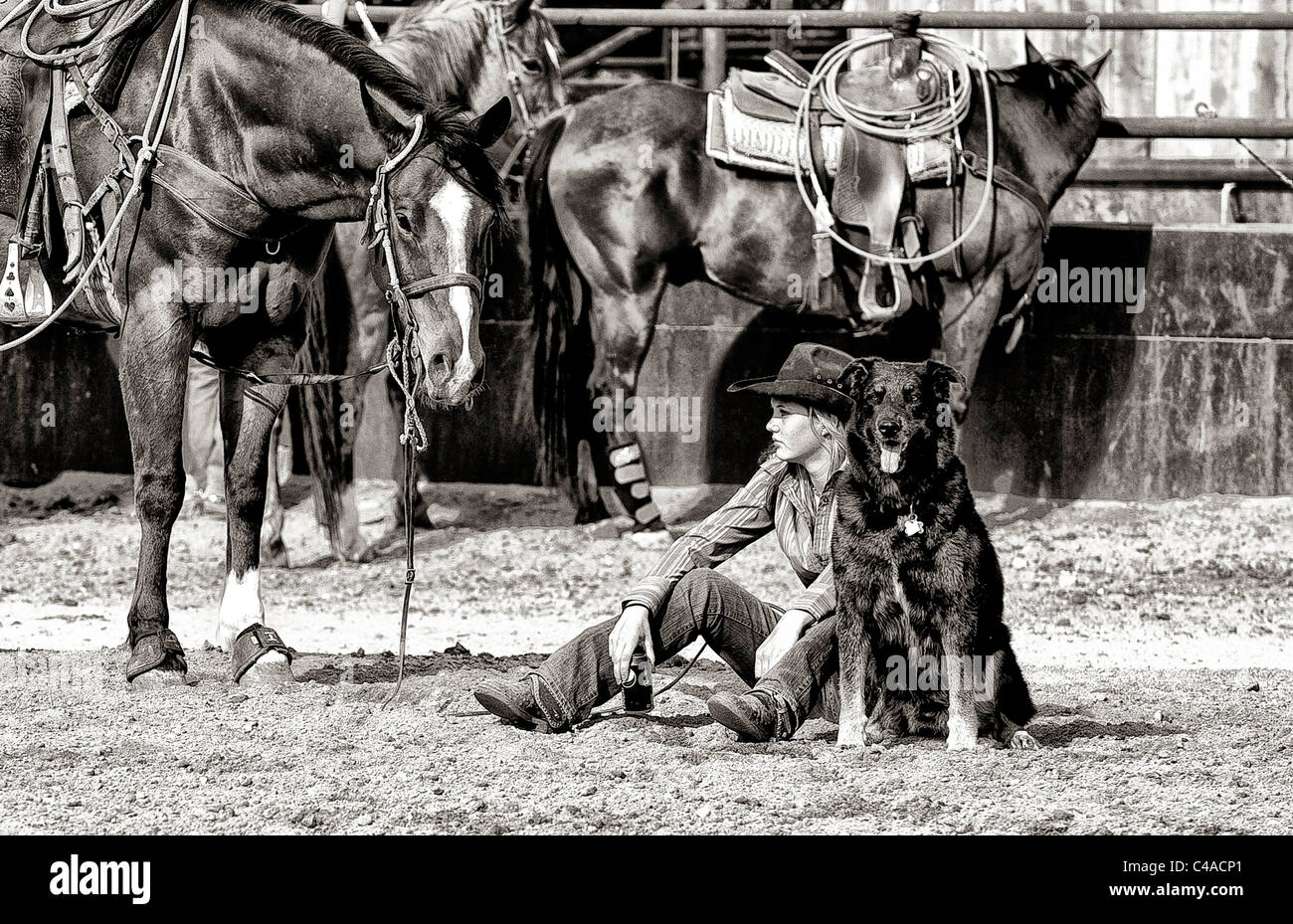 Cowgirl Taking  Break with her Horse Stock Photo