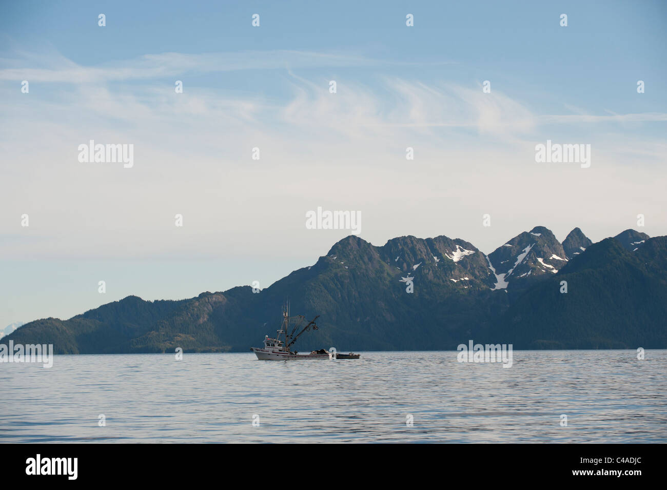 Prince William Sound, Alaska. Boats fish for Pink salmon on a beautiful day neaer Knight Island, Alaska. Stock Photo