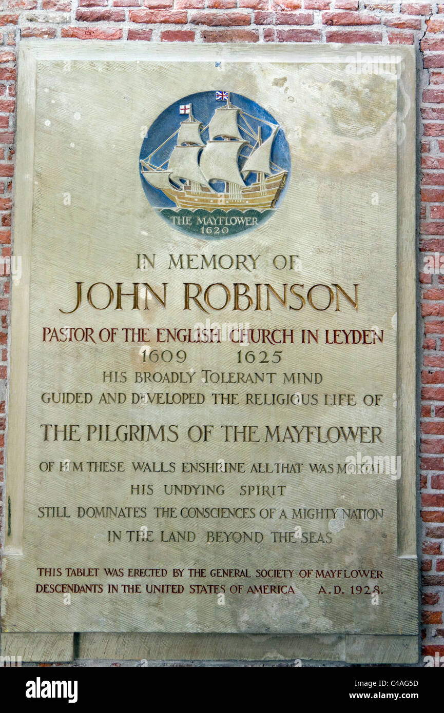 Stone to the memory of John Robinson (pastor of the 'Pilgrim Fathers') inside the Pieterskerk, Leiden, Netherlands. Stock Photo