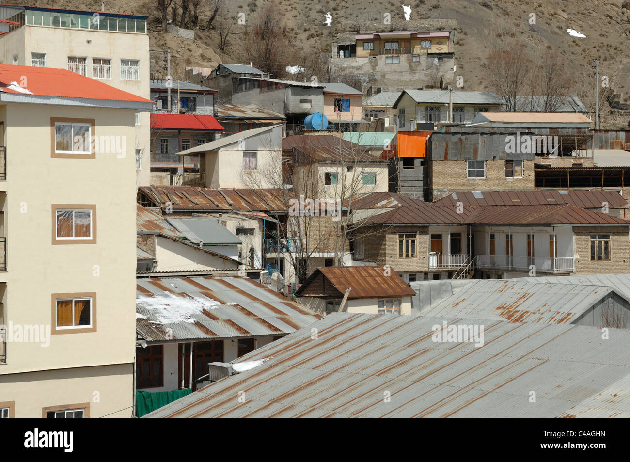 Street scene of hostels and hotels in Larijan Amol County Mazandaran Iran Stock Photo