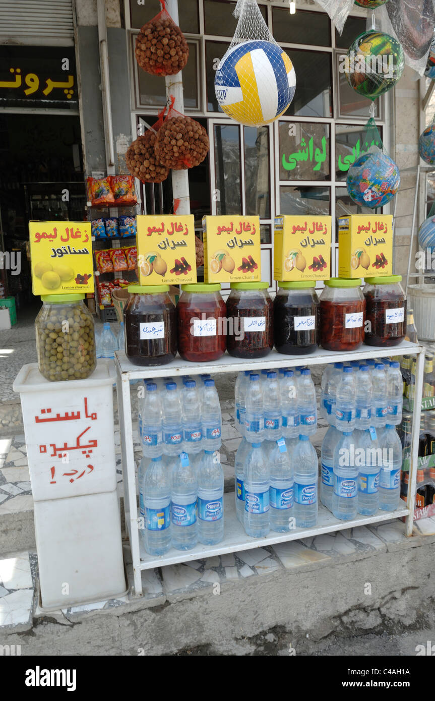 Shops along the main highway through Reyneh in the Alborz mountains of Iran Stock Photo