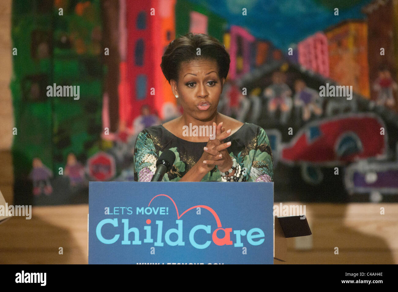 First Lady Michelle Obama unveils Lets Move! Child Care, a new effort to work with child care providers. Stock Photo