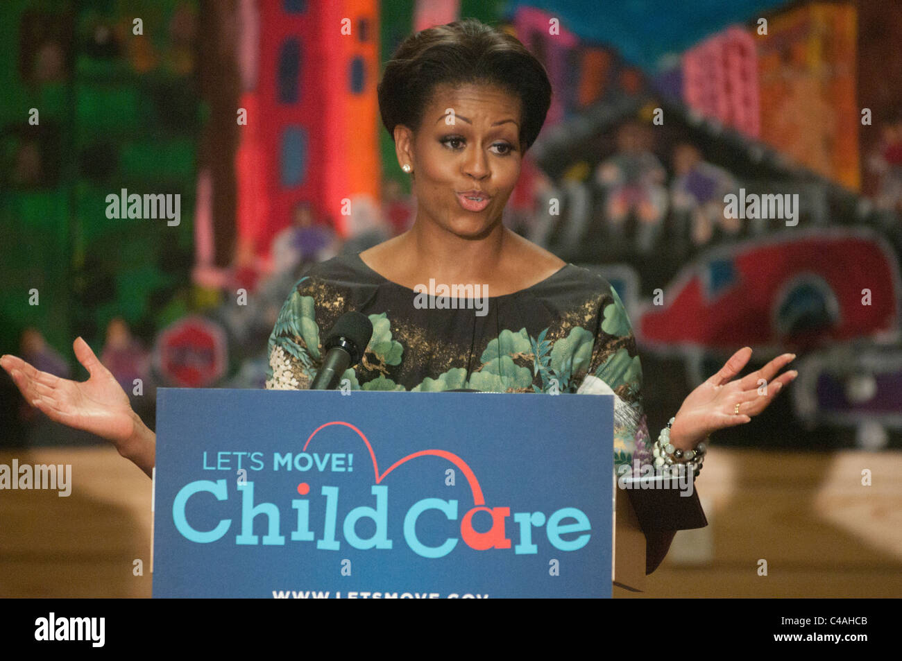 First Lady Michelle Obama unveils Lets Move! Child Care, a new effort to work with child care providers. Stock Photo