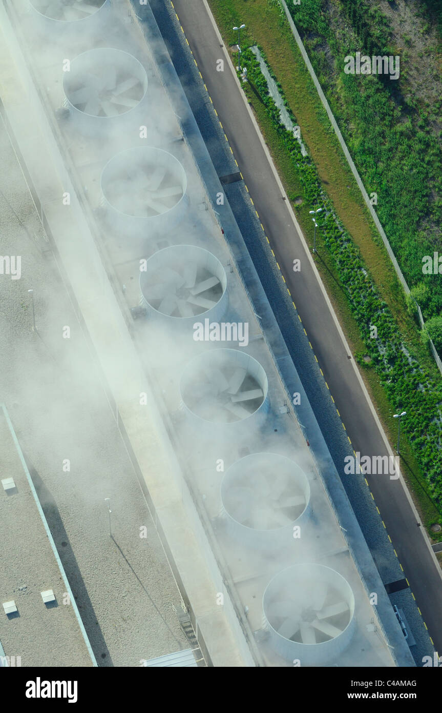 Aerial view of cooling towers row of gas electrical power station Emile Huchet, Carling Saint Avold, Moselle, Lorraine, France Stock Photo