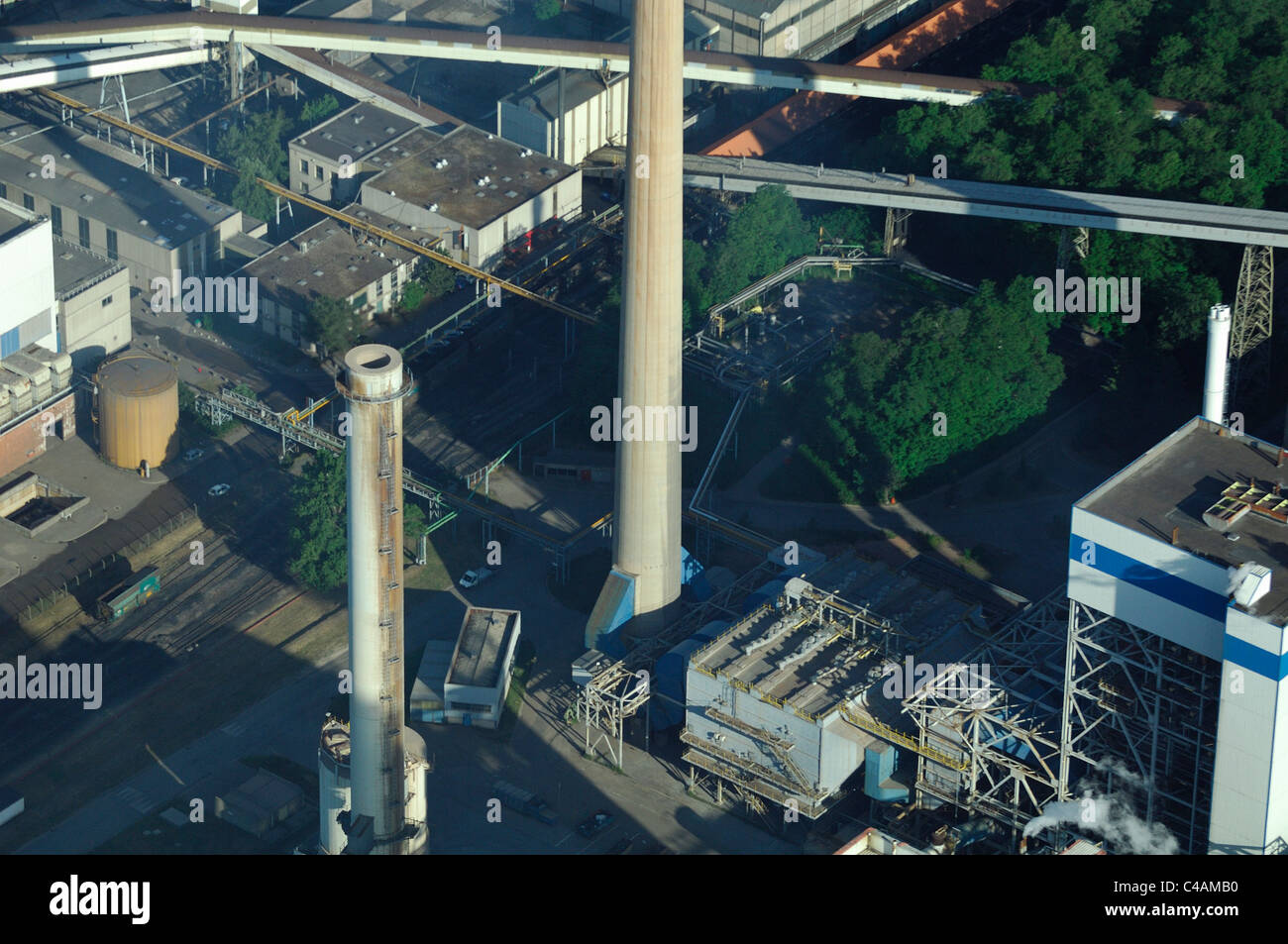 Aerial view boiler and chimneys of coal electrical power station Emile Huchet, Carling Saint Avold, Moselle, Lorraine, France Stock Photo