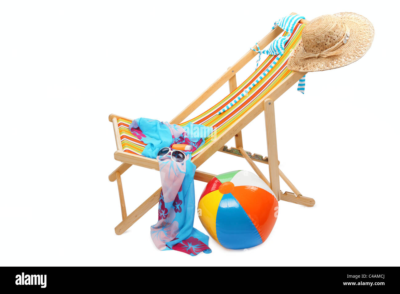 Deckchair and accessories isolated on white background. Stock Photo