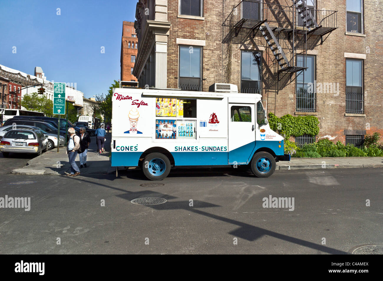 Mister Softee ice cream truck parked in gentrifying DUMBO neighborhood on a beautiful spring day in Brooklyn New York Stock Photo