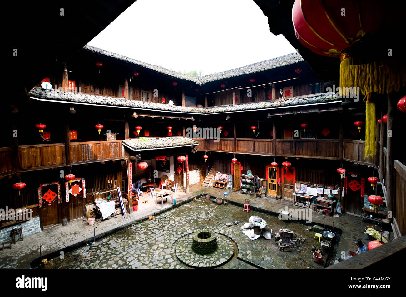 Interior view of a Tulou earlh building. Stock Photo