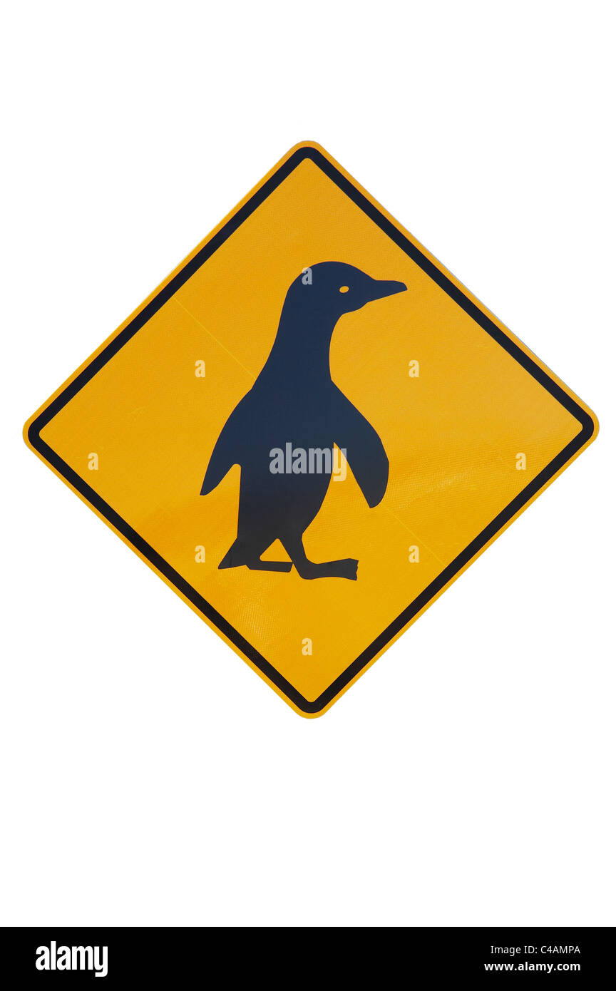 Penguin Warning Sign, New Zealand Stock Photo