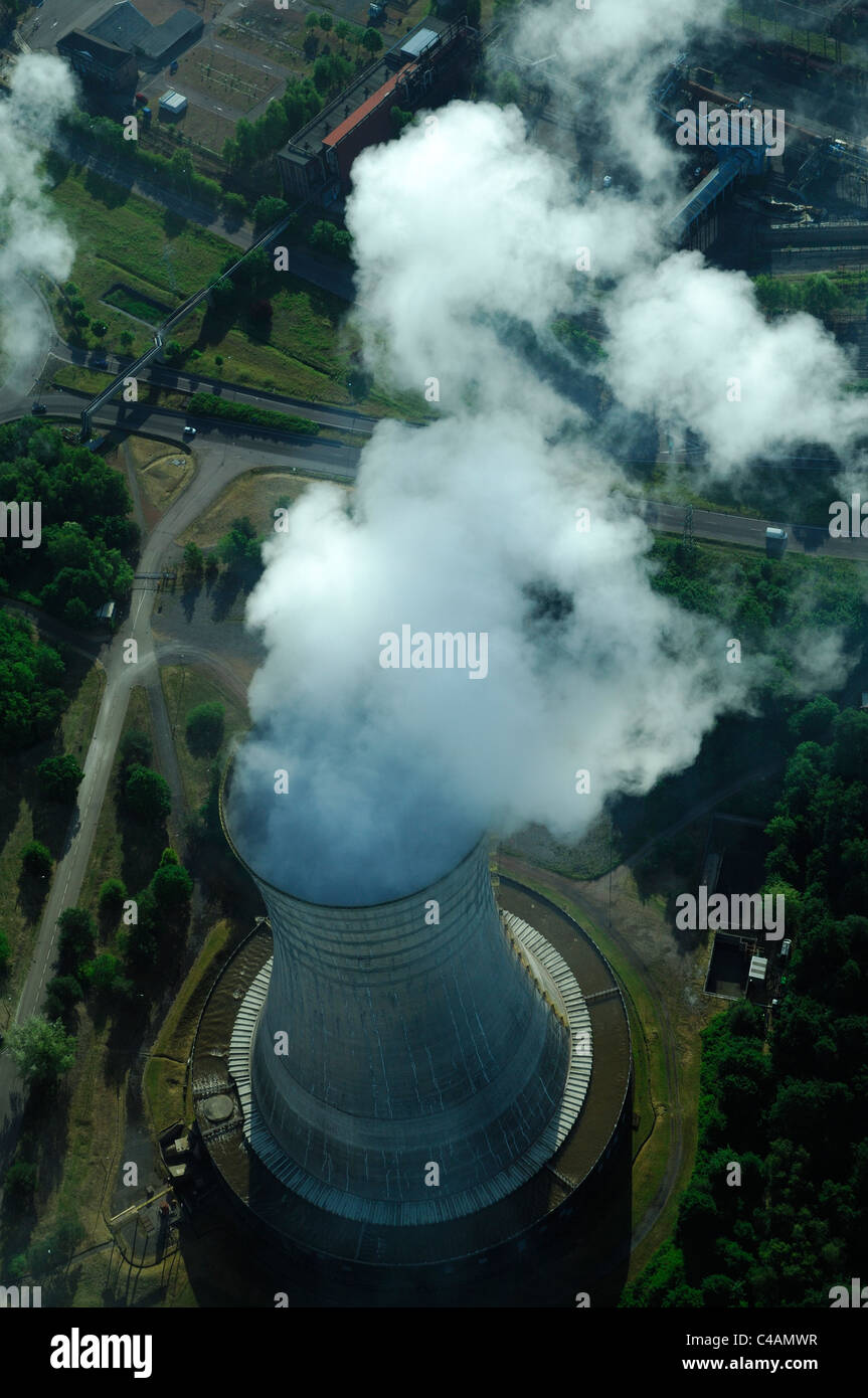 Aerial view water steam cooling tower of Electrical power station Emile Huchet, Carling Saint Avold, Moselle, Lorraine, France Stock Photo
