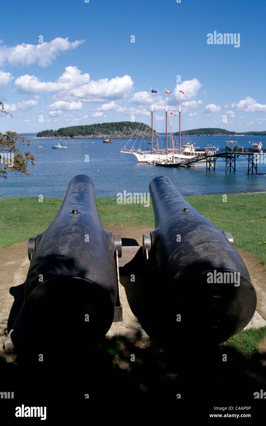 Old cannons  from the French and Indian wars look over  Dessert Island from Bar Harbor Maine park Stock Photo