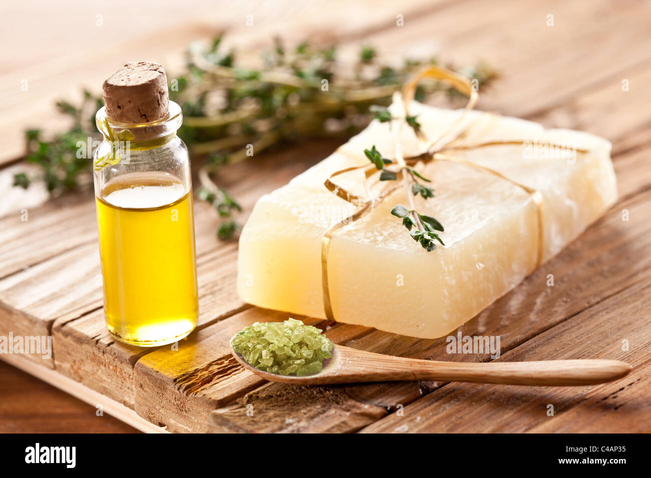 Piece of natural soap with thyme. Stock Photo