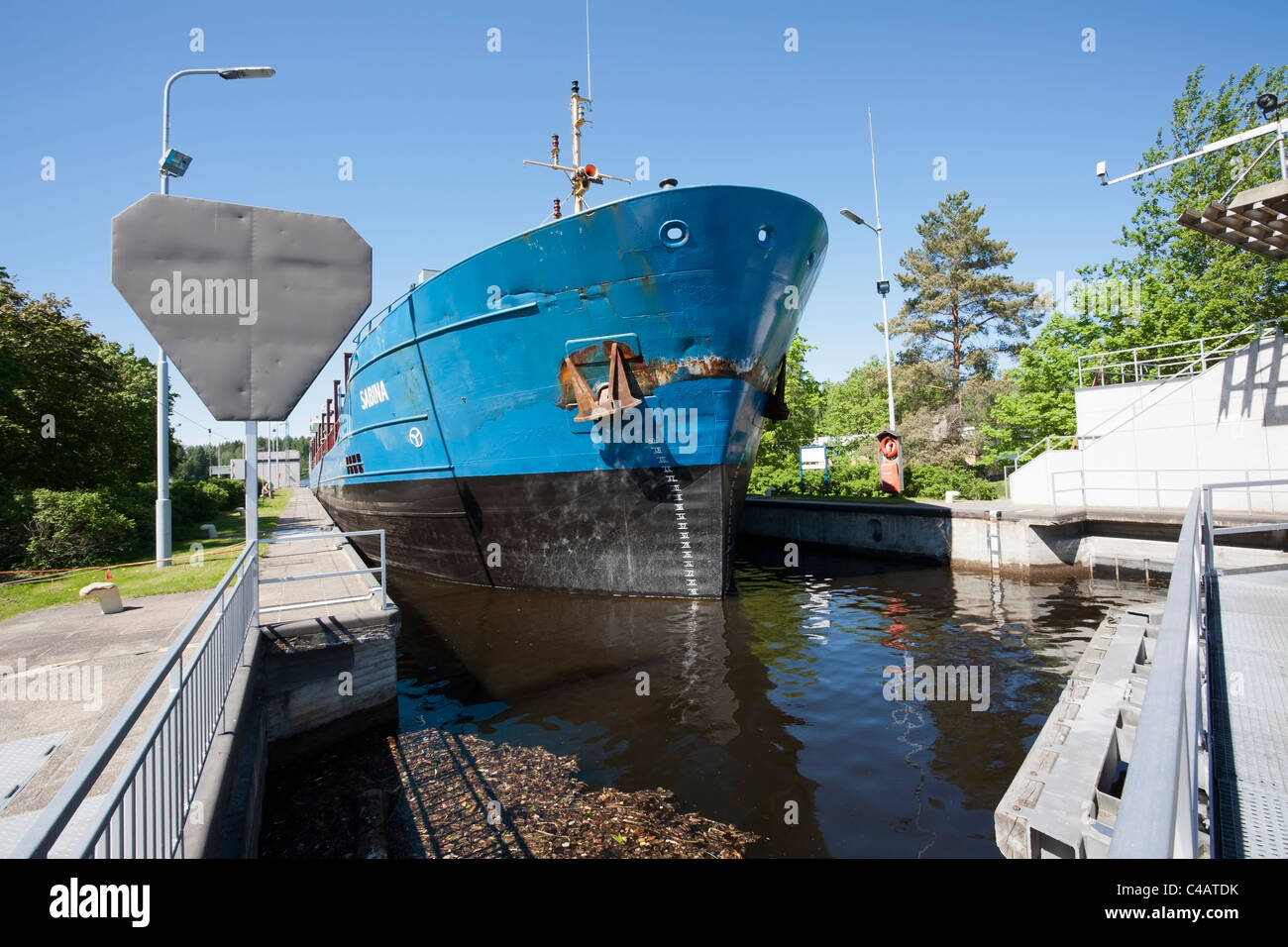 Cargo ship at Mustola lock in Saimaa canal Lappeenranta Finland Stock Photo
