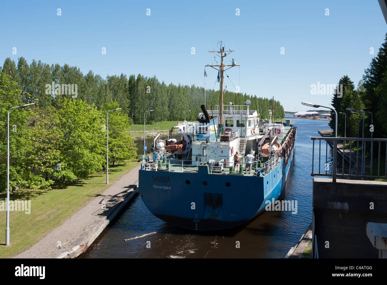 Cargo ship at Mustola lock in Saimaa canal Lappeenranta Finland Stock Photo