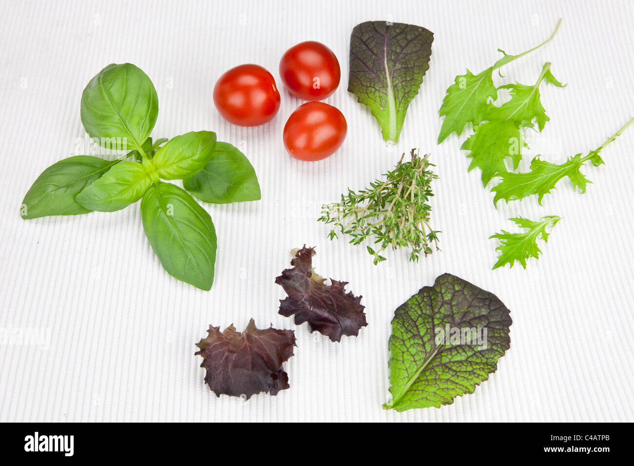 variety of lettuces and herbs with tomatoes on a white mat Stock Photo