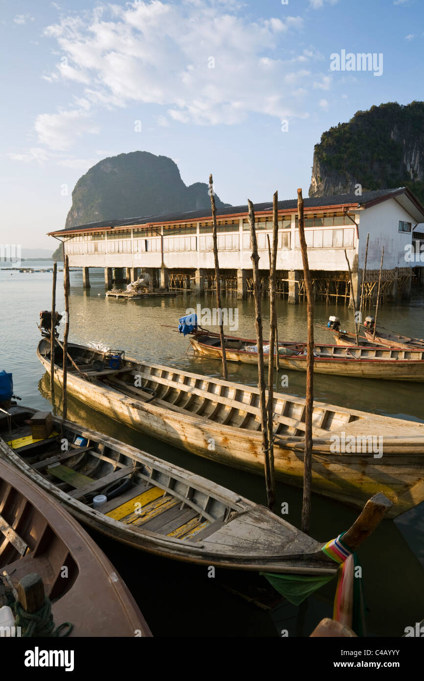 Thailand, Phang-Nga, Ko Panyi.  Long-tail fishing boats at the Muslim village of Ko Panyi. Stock Photo