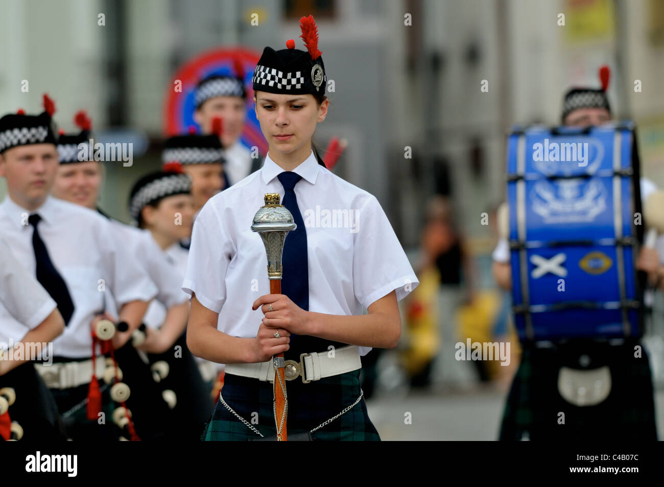 Scottish bagpipes and drums music players in Krakow Cracow during a