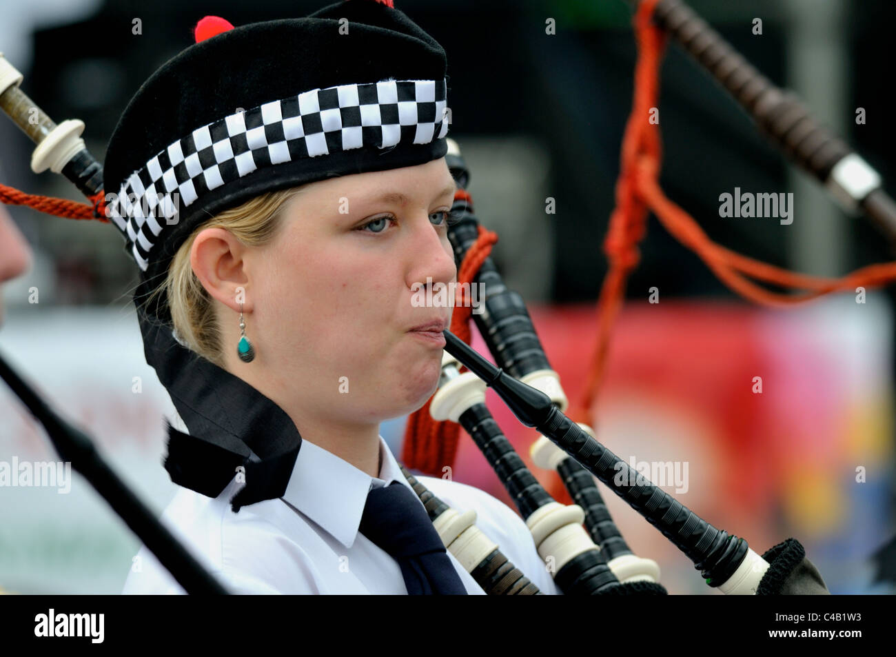 Scottish bagpipe music player in Krakow Cracow during a concert of