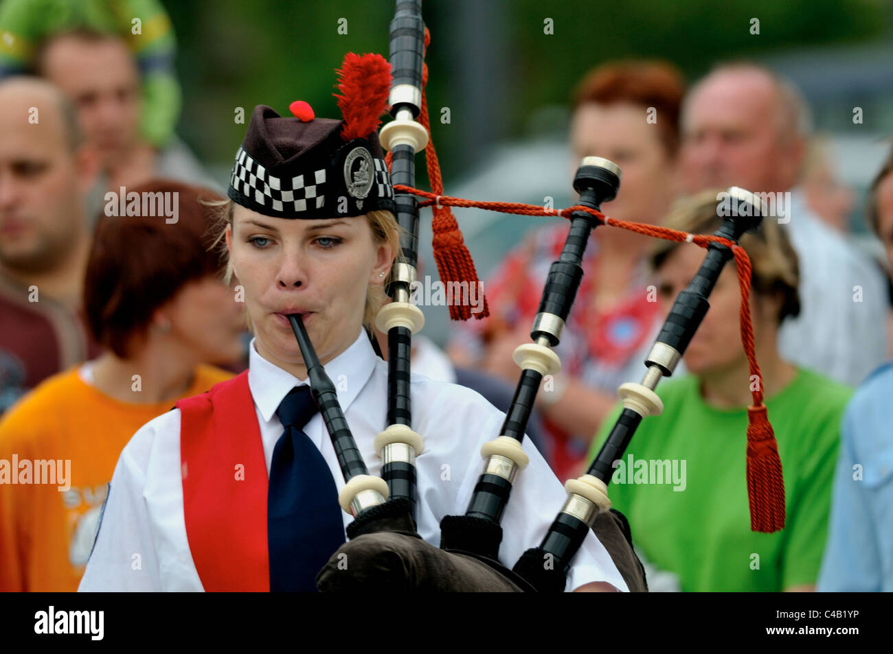 Scottish bagpipe music player in Krakow Cracow during a concert of