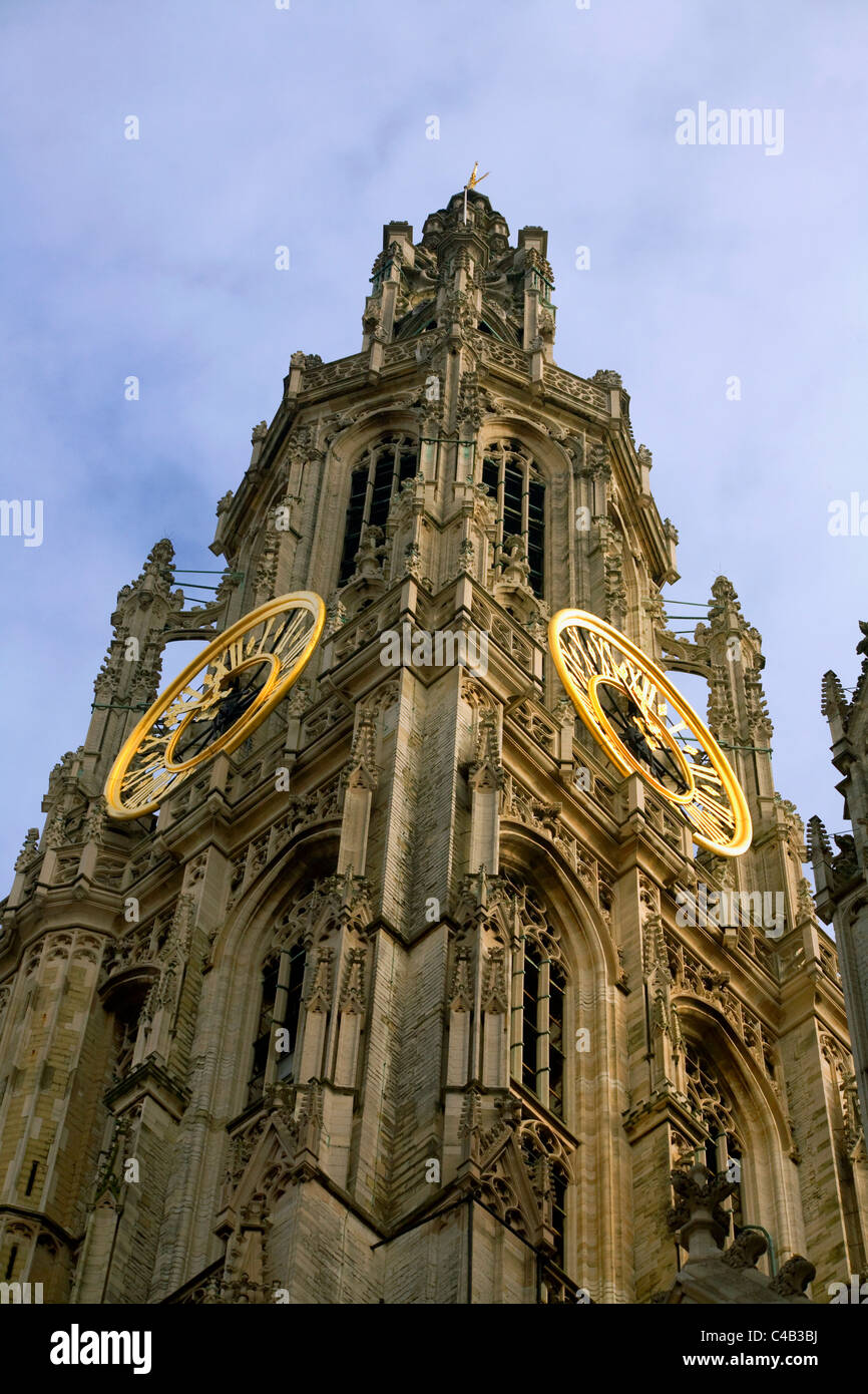 Belgium, Flanders, Antwerp; The bell-tower from the Gothic Onze Lieve Vrouwkathedraal Stock Photo