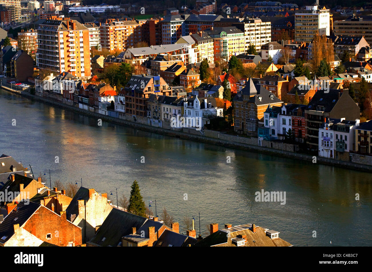 Belgium, Namur; River crossing residences as seen from the citadel Stock Photo
