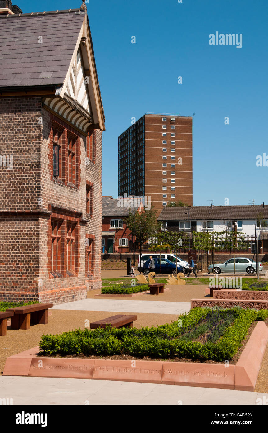 Mid 20th century council flats tower block seen from Ordsall Hall
