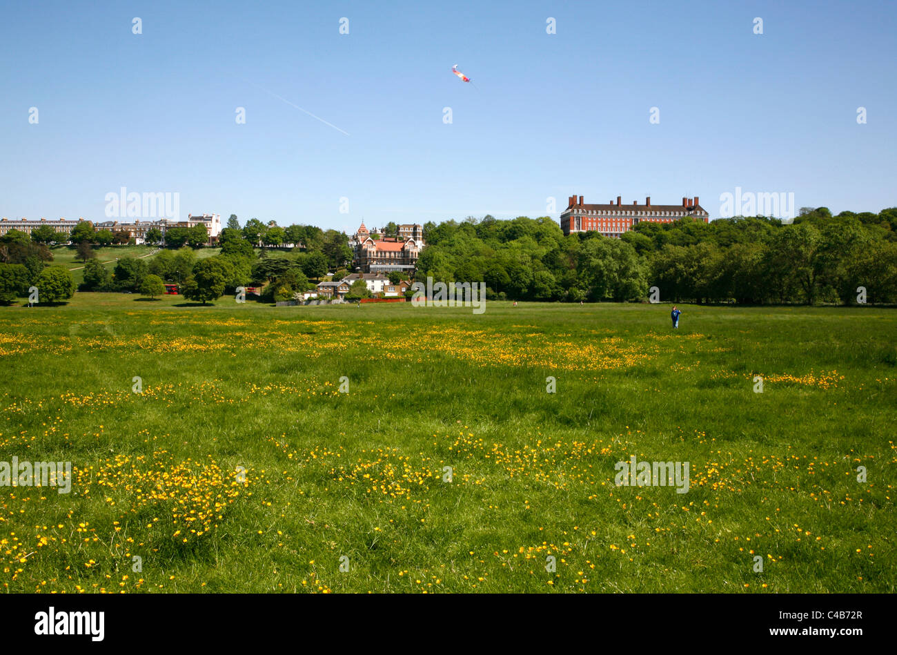 Looking across Petersham Meadows to Royal Star and Garter Home and Petersham Hotel on Richmond Hill, Petersham, London, UK Stock Photo
