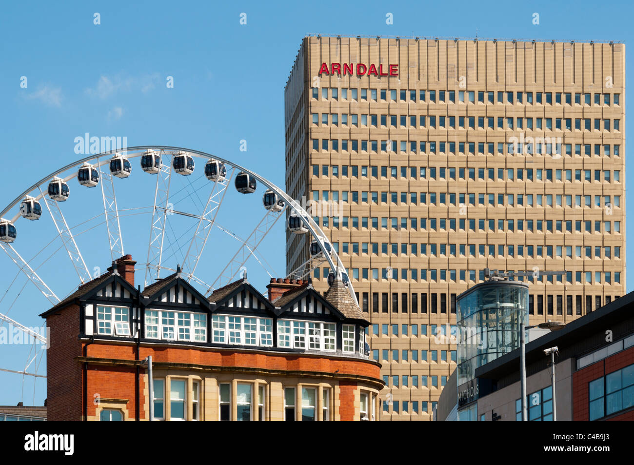 The Arndale Centre tower, Manchester Wheel and The Britannic Buildings, Manchester, England, UK Stock Photo