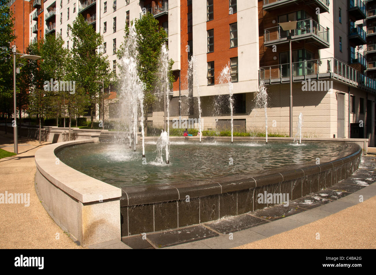 Fountains in the Green Quarter development, Manchester, England, UK