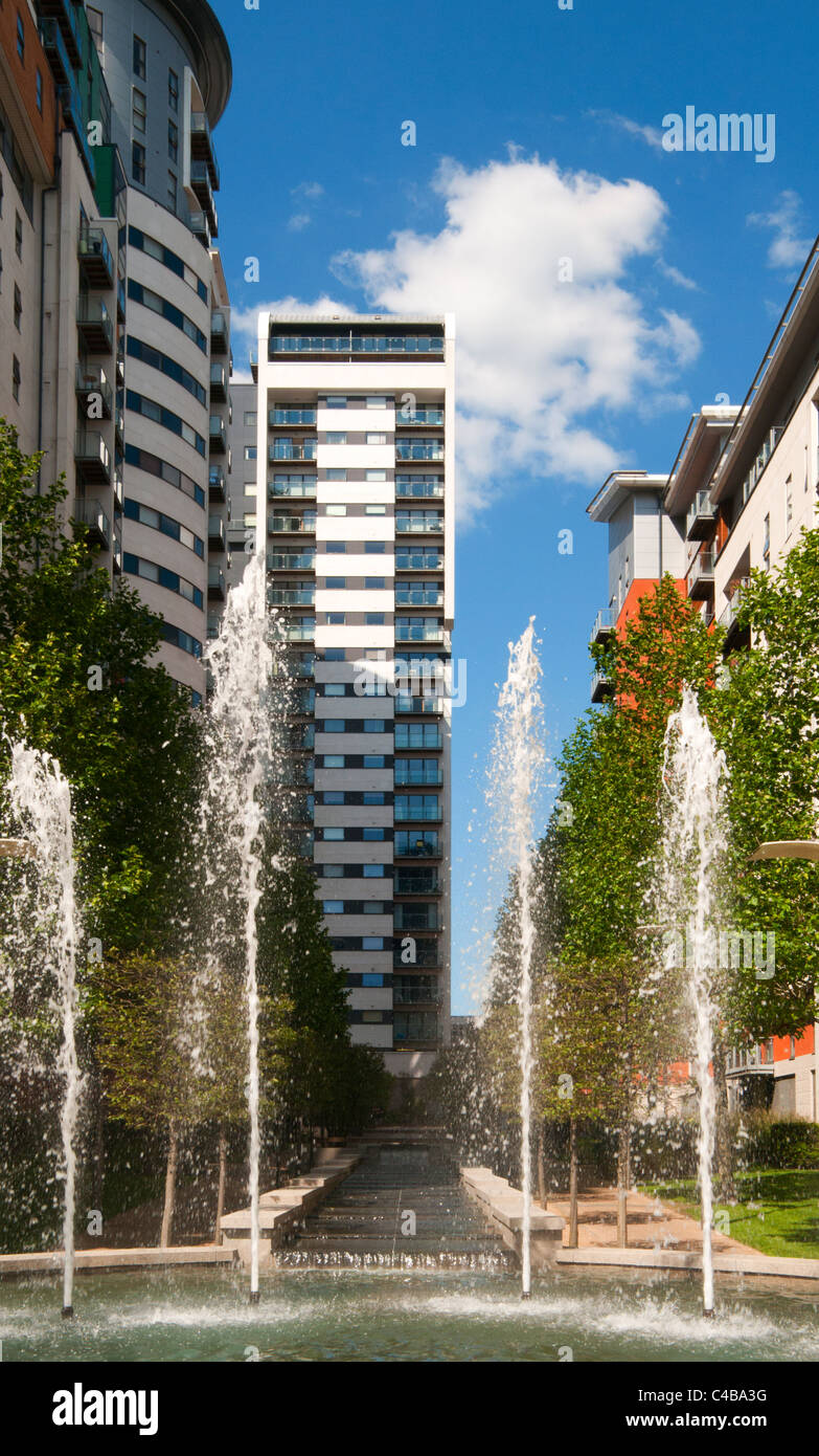 Britton House (centre) apartment block from the fountains in the Green