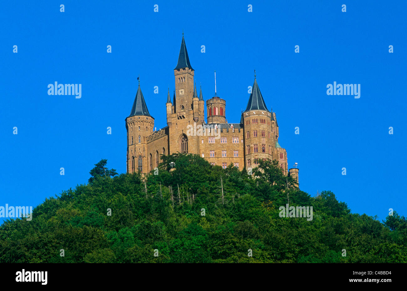 Germany, Baden-Wurttemberg, Swabia, Hechingen. Situated in the foothills of the Swabian Alps, Hohenzollern Castle was the medieval ancestral seat of the Hohenzollerns who became Germany's emperors. The existing castle was built in the mid-1800s for Frederick William IV of Prussia. Stock Photo