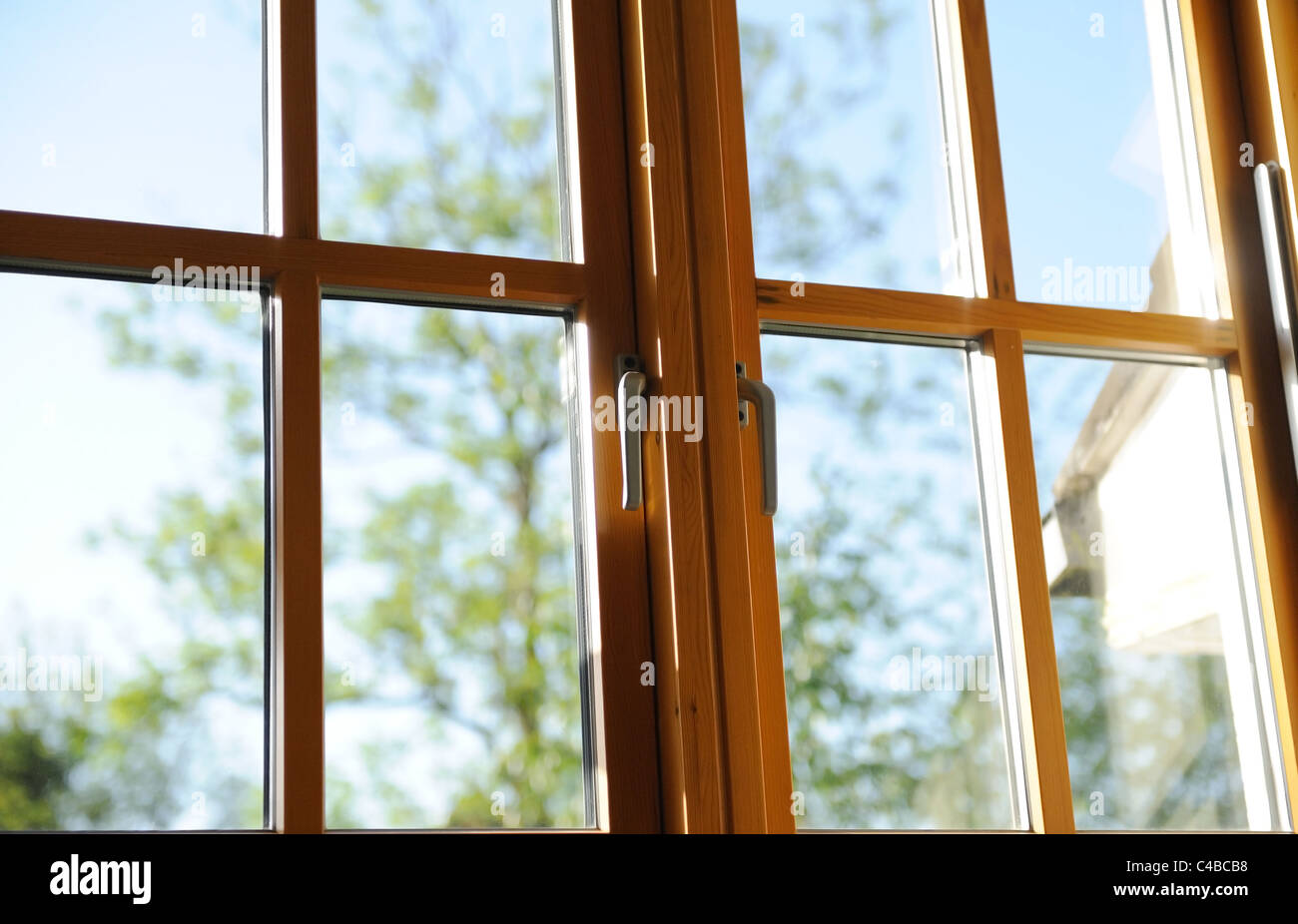 Double glazed wooden window frame in the home. Stock Photo