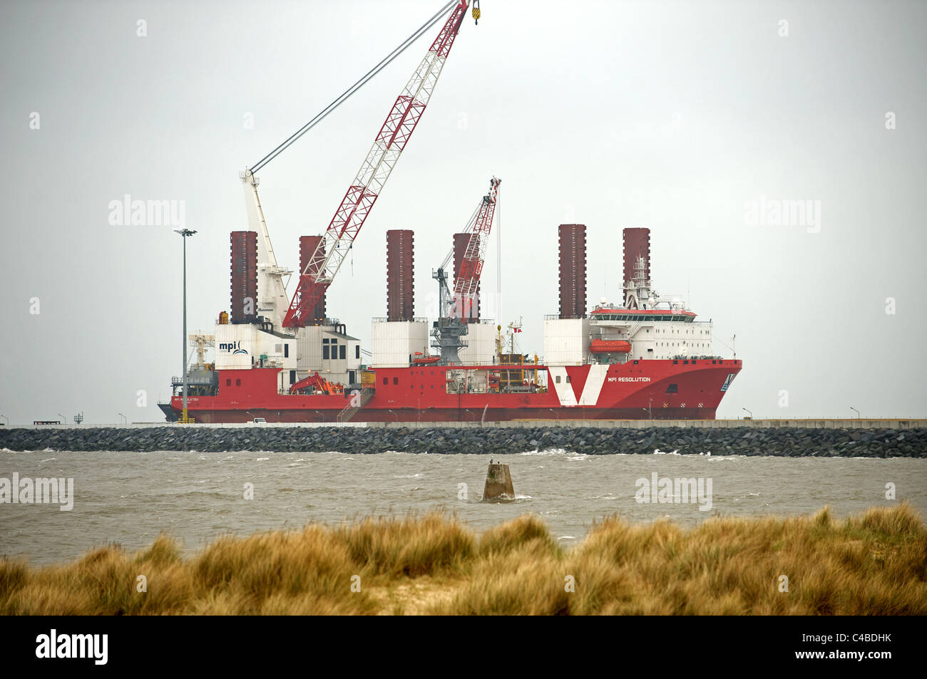 MPI Resolution, a wind turbine installation vessel, Great Yarmouth, Norfolk, UK. Stock Photo