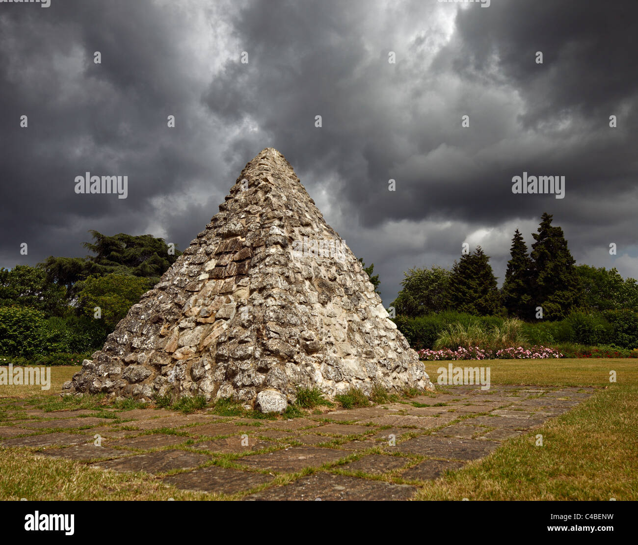 Stone Pyramid marking the entrance to the Barons Caves, Reigate. Stock Photo