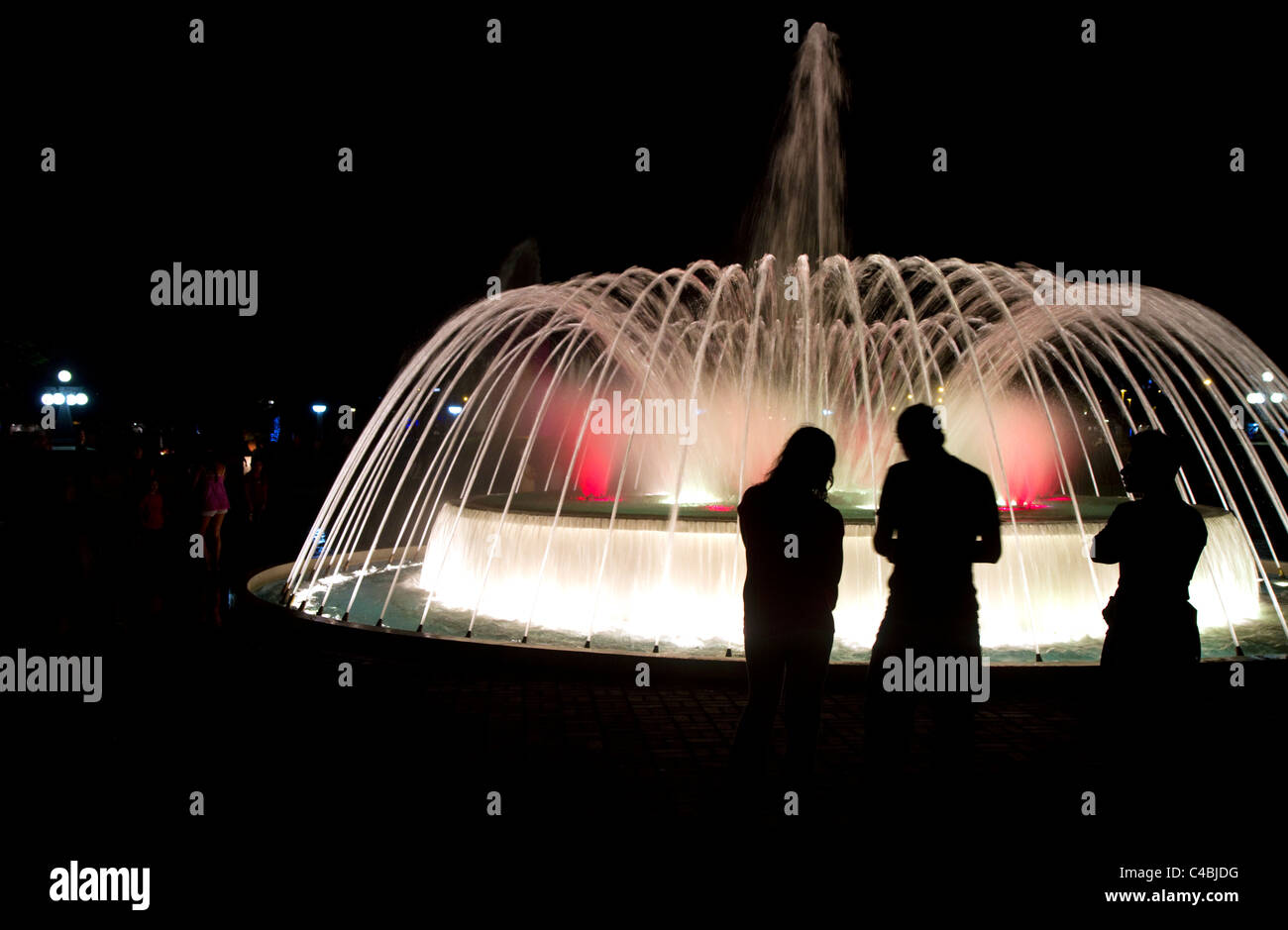 Water fountains light up at night in the Magic Circuit of Water park in Lima, Peru. Stock Photo