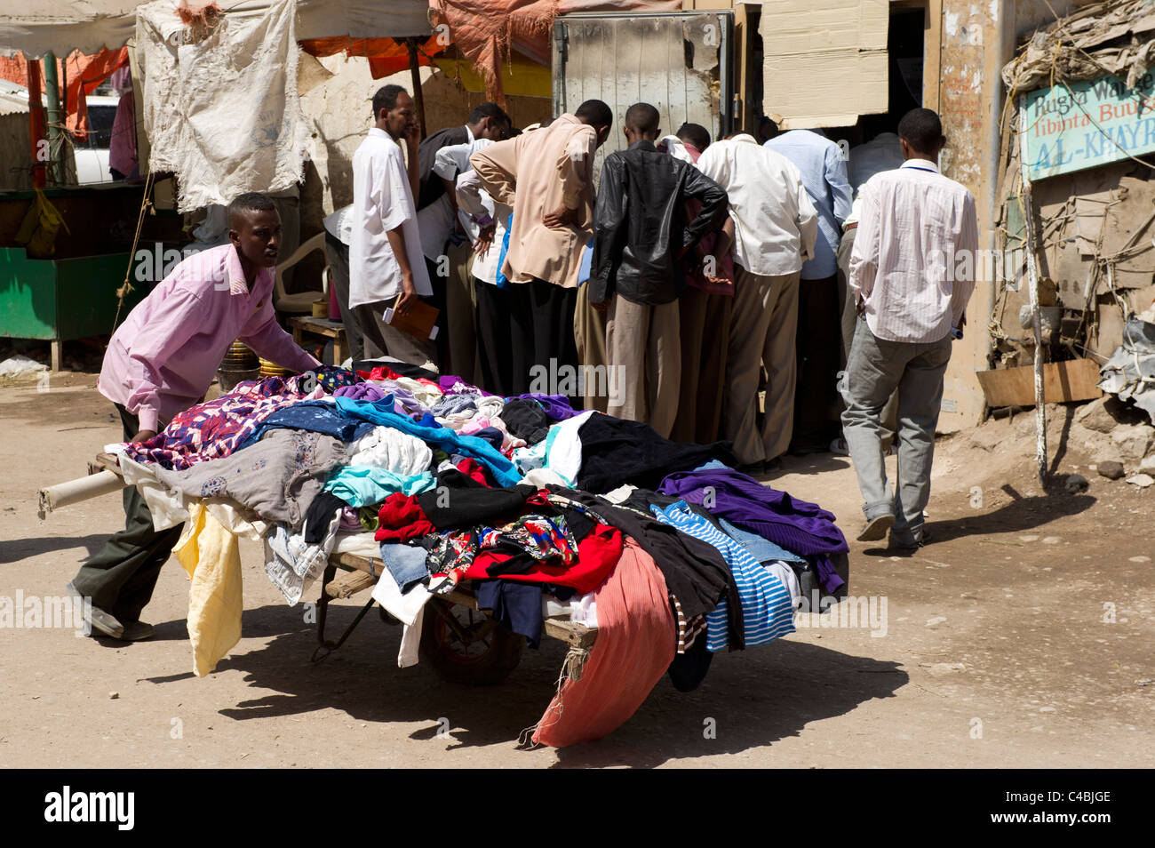 Clothes vendor in the market, Hargeisa, Somaliland, Somalia Stock Photo